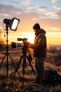 photojournalist setting up camera equipment outdoors
