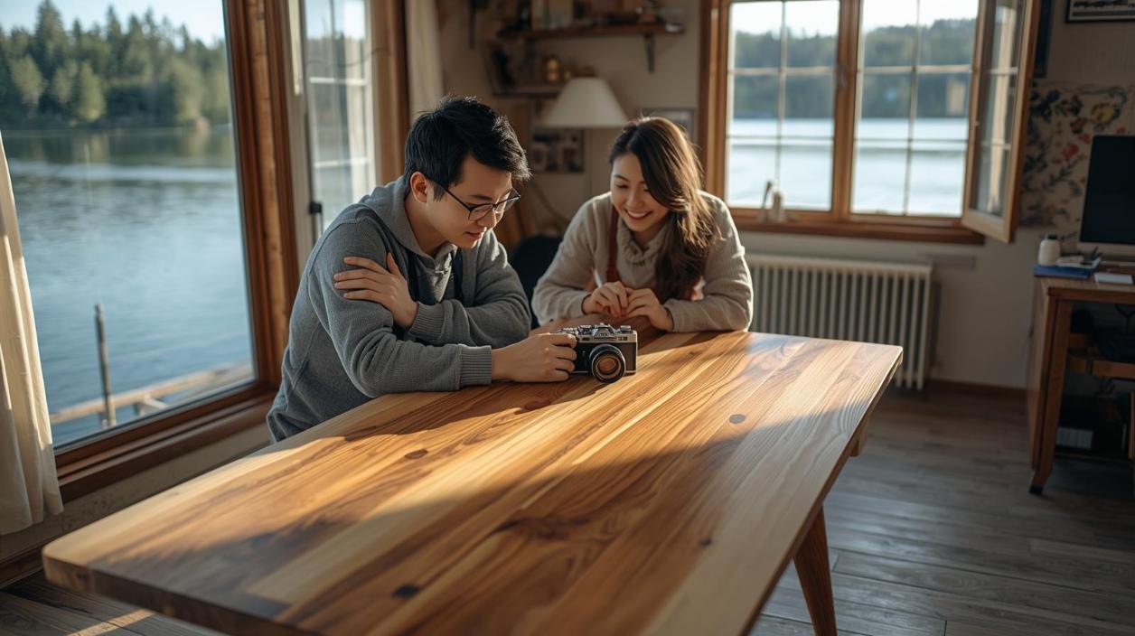 Couple admire handmade wooden table in sunlit lakeside studio with artistic vibe.
